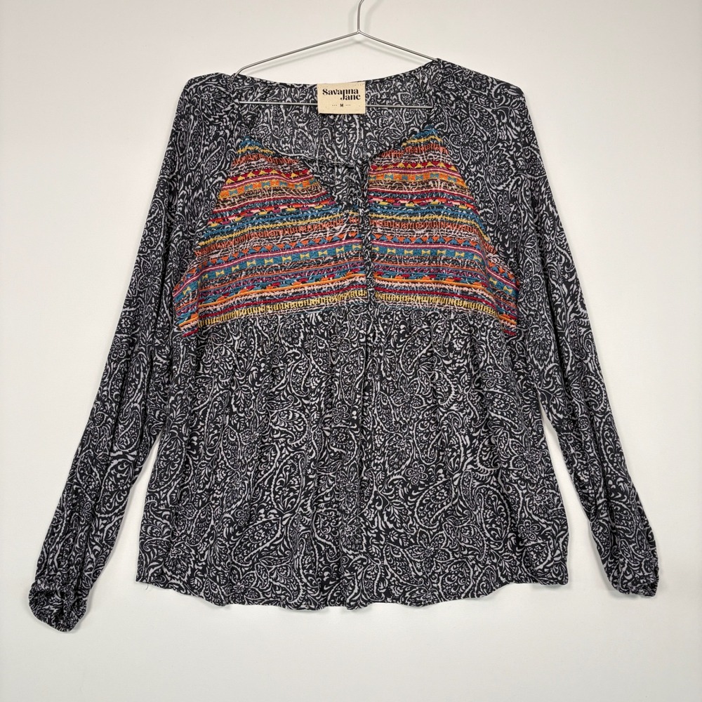 Savanna Jane Womens Blouse Medium Black Paisley Embroidered Boho Top 17928-2